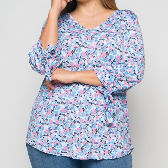 Tops - Ladies Plus Light Blue Floral Casual Blouse - 1X - 2X - 3X